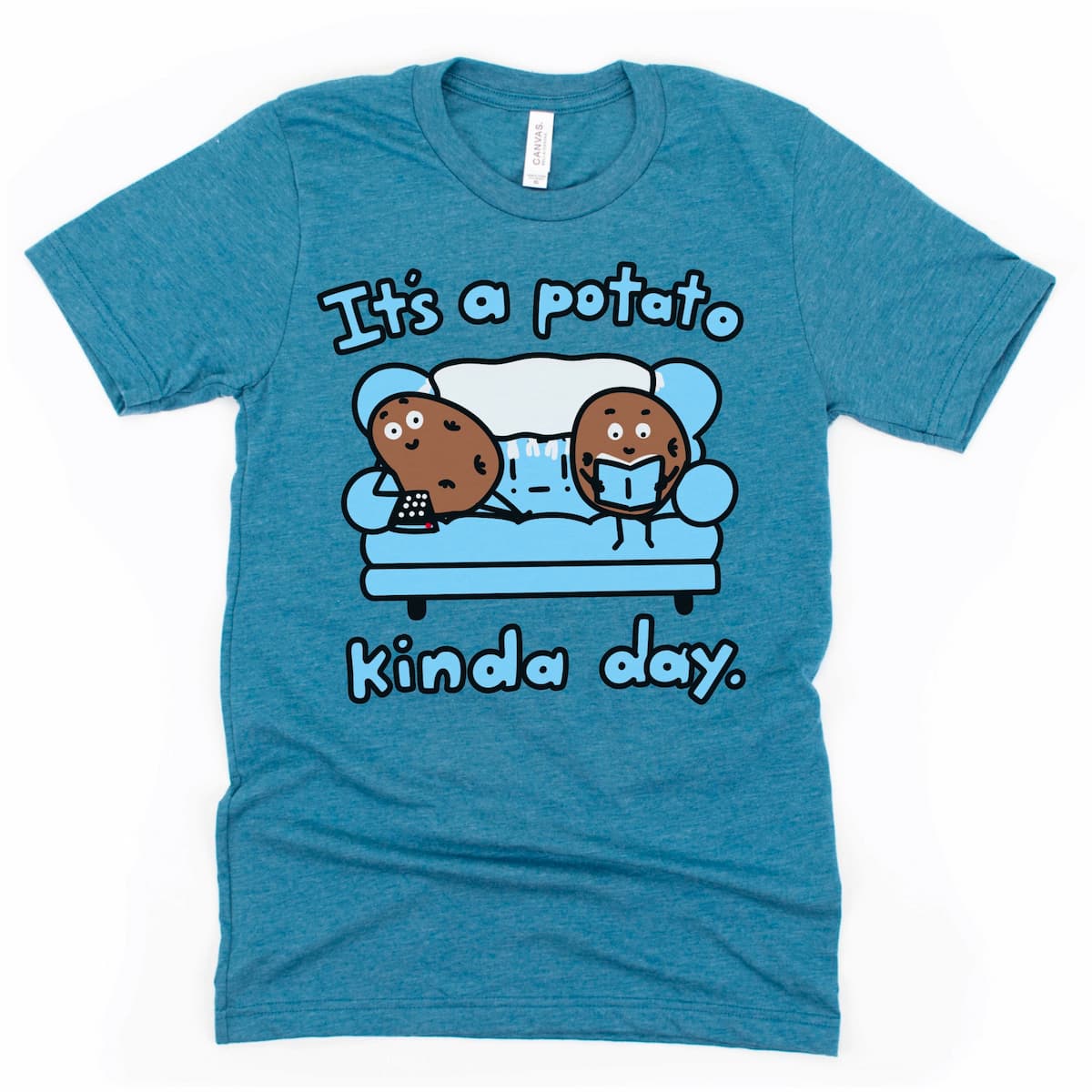 Funny couch potato shirt in heather deep teal featuring two chill potatoes and “It’s a Potato Kinda Day” text – Kalirally