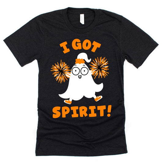 Halloween funny shirt in heather black featuring “I Got Spirit!” ghost cheer design – Kalirally