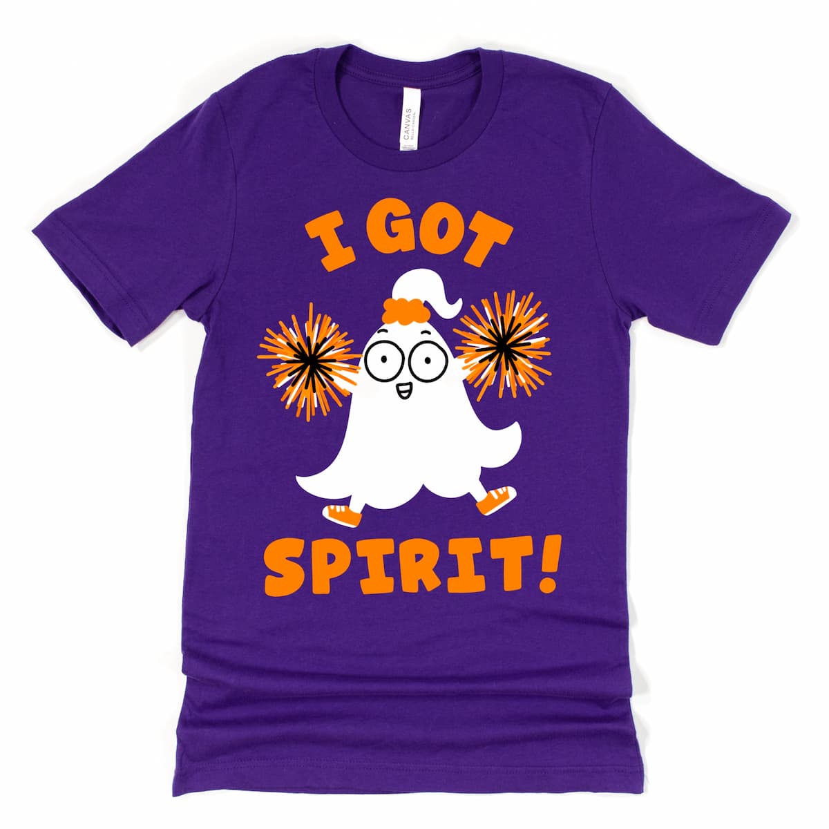 Halloween funny shirt in team purple with ghost cheerleader “I Got Spirit!” pun – Kalirally