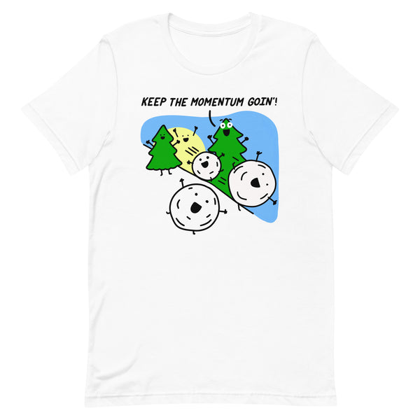 Product mockup of a Cute cartoon sweatshirt of snowballs rolling down a hill and trees and the sun cheering them on to "Keep the momentum going!"