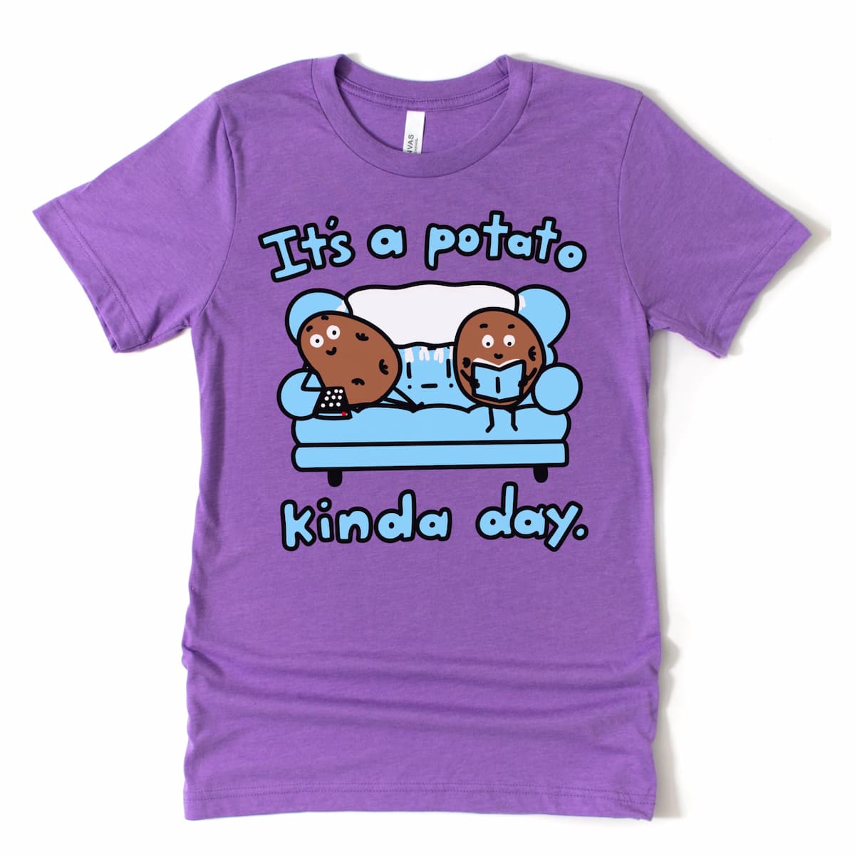 Lazy day potato tee in heather team purple with cartoon potatoes watching TV and reading – Kalirally