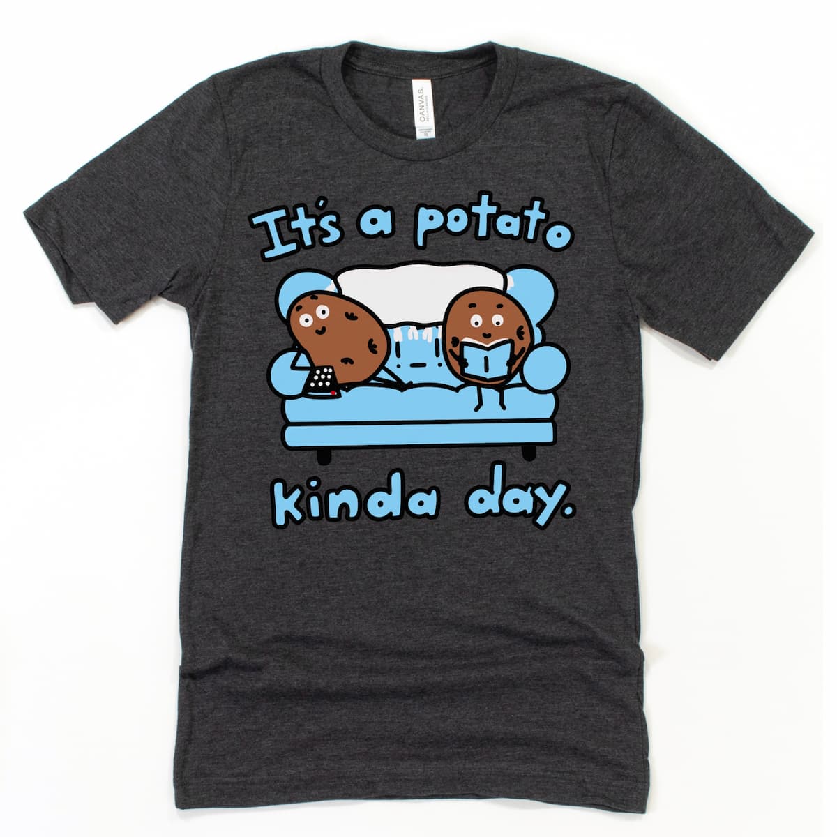 Funny potato tee shirt in heather dark grey with couch potato design – Kalirally