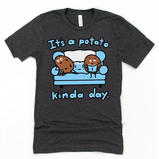 Funny potato tee shirt in heather dark grey with couch potato design – Kalirally