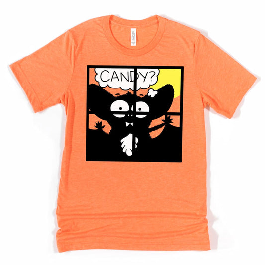 Trick r treat shirt in heather orange with clever vampire bat peeking in for candy, by Kalirally