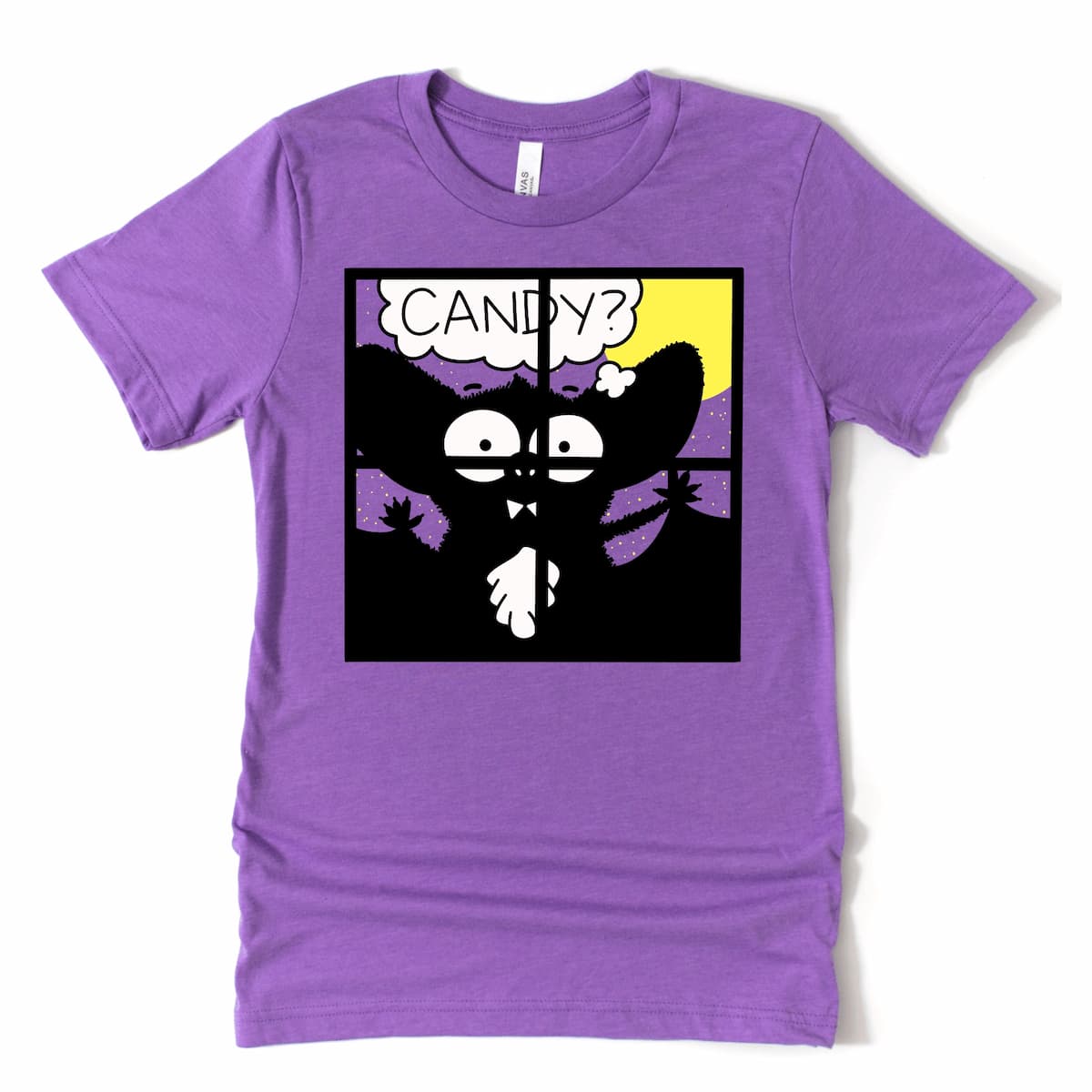 Heather purple Halloween shirt featuring a vampire bat longing for candy, by Kalirally
