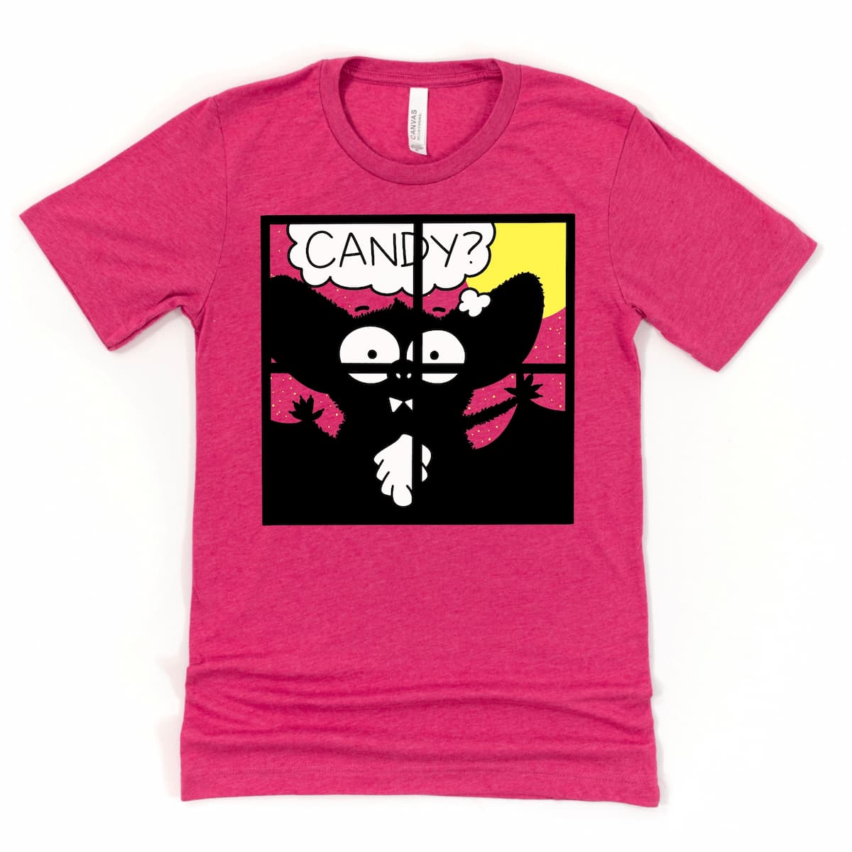 Trick r treat shirt in heather raspberry with cute and clever vampire bat design, by Kalirally