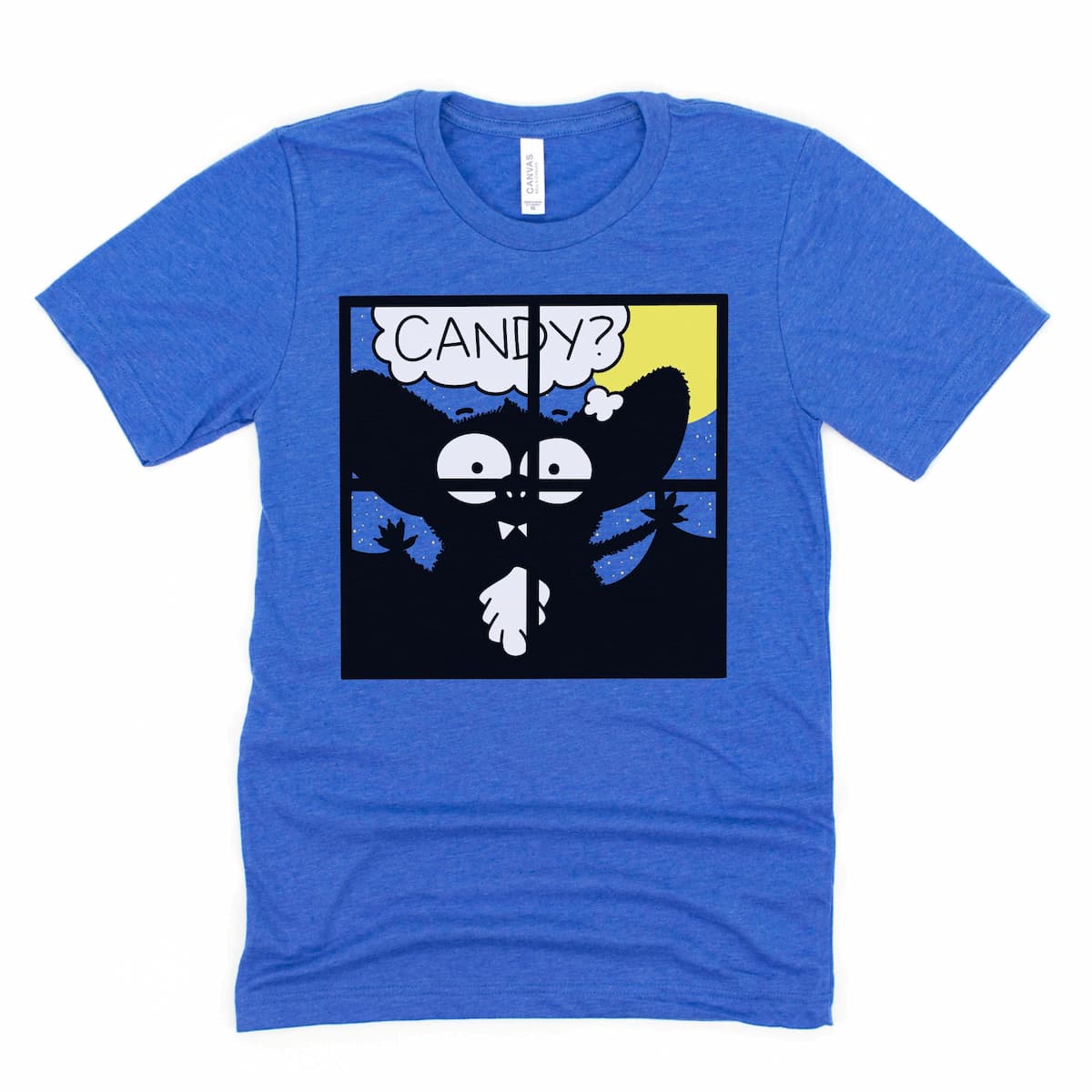 Clever Halloween shirt in heather royal blue with vampire bat and “Candy?” thought bubble – Kalirally