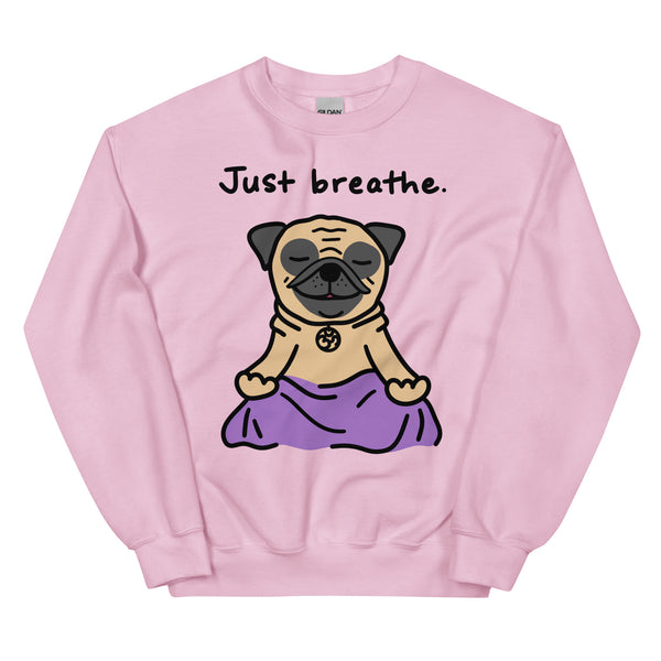 "Just Breathe Pug Sweatshirt featuring a cute cartoon pug in a sitting yoga pose. Cozy and perfect for pug lovers and yoga enthusiasts, available for wholesale and art licensing."