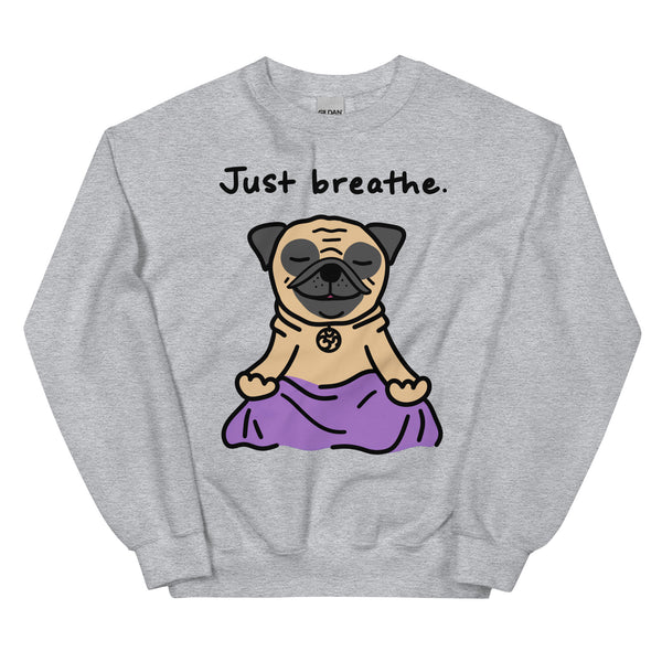 "Just Breathe Pug Sweatshirt featuring a cute cartoon pug in a sitting yoga pose. Cozy and perfect for pug lovers and yoga enthusiasts, available for wholesale and art licensing."