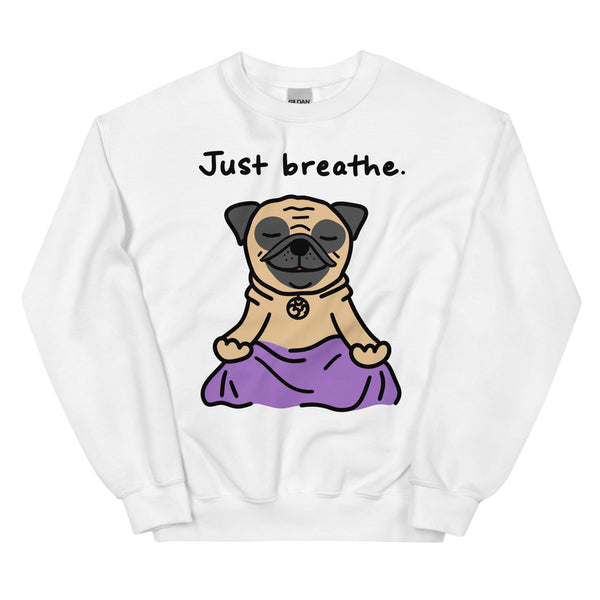 "Just Breathe Pug Sweatshirt featuring a cute cartoon pug in a sitting yoga pose. Cozy and perfect for pug lovers and yoga enthusiasts, available for wholesale and art licensing."