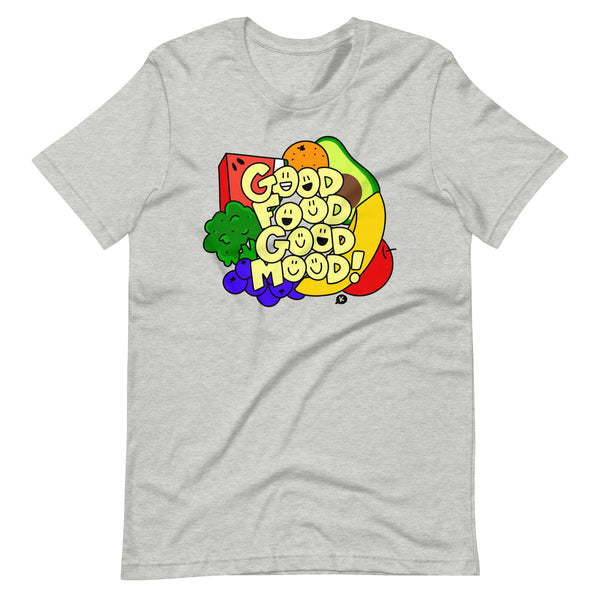 Cute Healthy Food T-Shirt, "Good Food Good Mood" Smiley Shirt