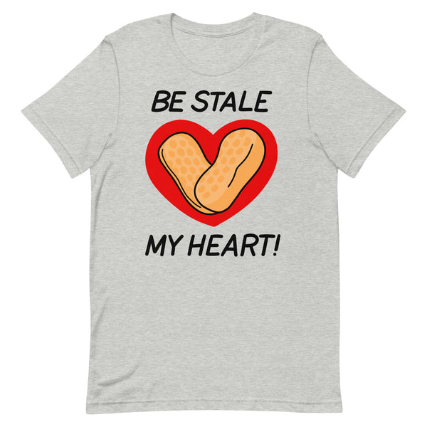 "Be Stale My Heart Circus Peanut T-Shirt featuring two circus peanuts inside of a heart with a playful pun. Available for wholesale and art licensing."