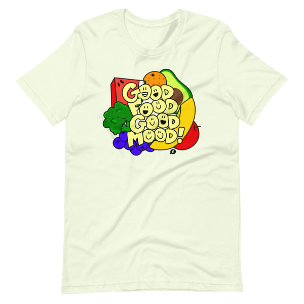 Cute Healthy Food T-Shirt, "Good Food Good Mood" Smiley Shirt