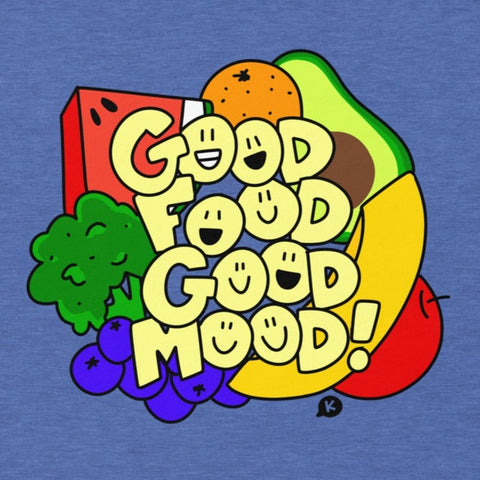 Cute Healthy Food T-Shirt, "Good Food Good Mood" Smiley Shirt