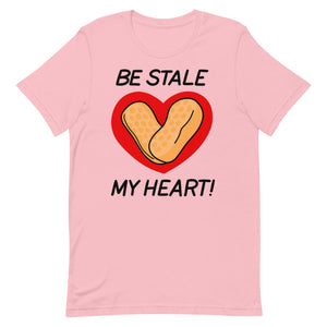 "Be Stale My Heart Circus Peanut T-Shirt featuring two circus peanuts inside of a heart with a playful pun. Available for wholesale and art licensing."