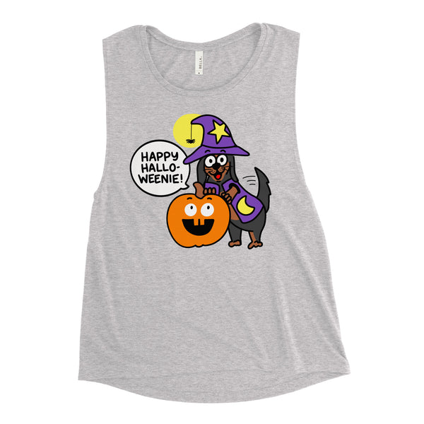 Cute Happy Halloweenie with Doxie Ladies’ Muscle Tank