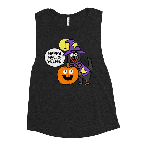 Cute Happy Halloweenie with Doxie Ladies’ Muscle Tank