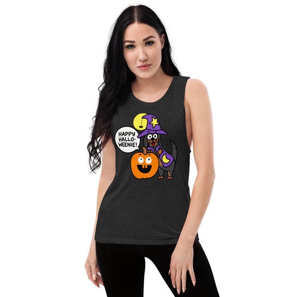 Cute Happy Halloweenie with Doxie Ladies’ Muscle Tank