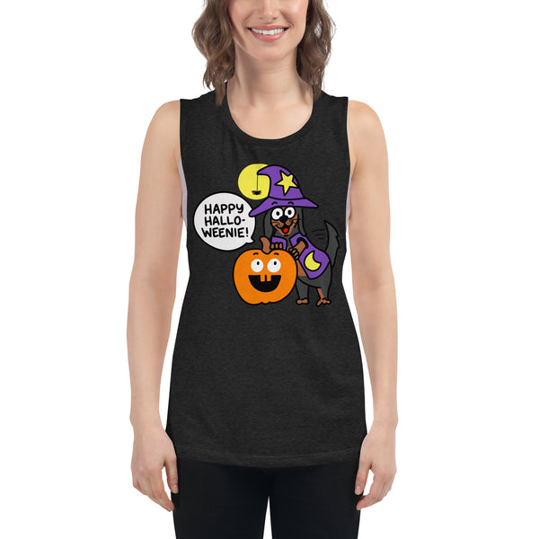 Cute Happy Halloweenie with Doxie Ladies’ Muscle Tank