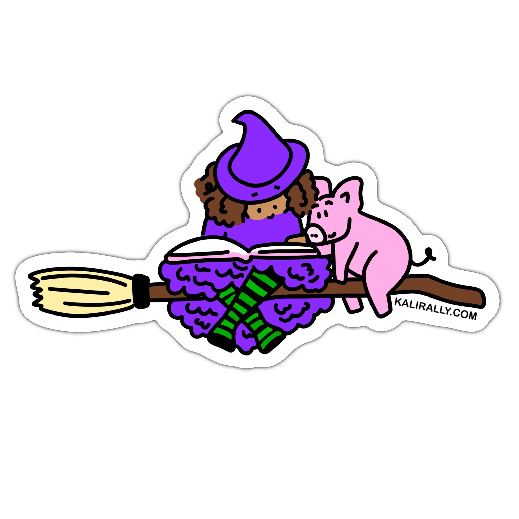 Cute Halloween sticker, witch reading a book sticker, girl reading sticker, pet pig sticker, waterproof vinyl sticker